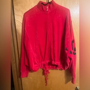 Juicy Couture Velour Red Zip Up Jacket with Logo on arm womens medium tie back